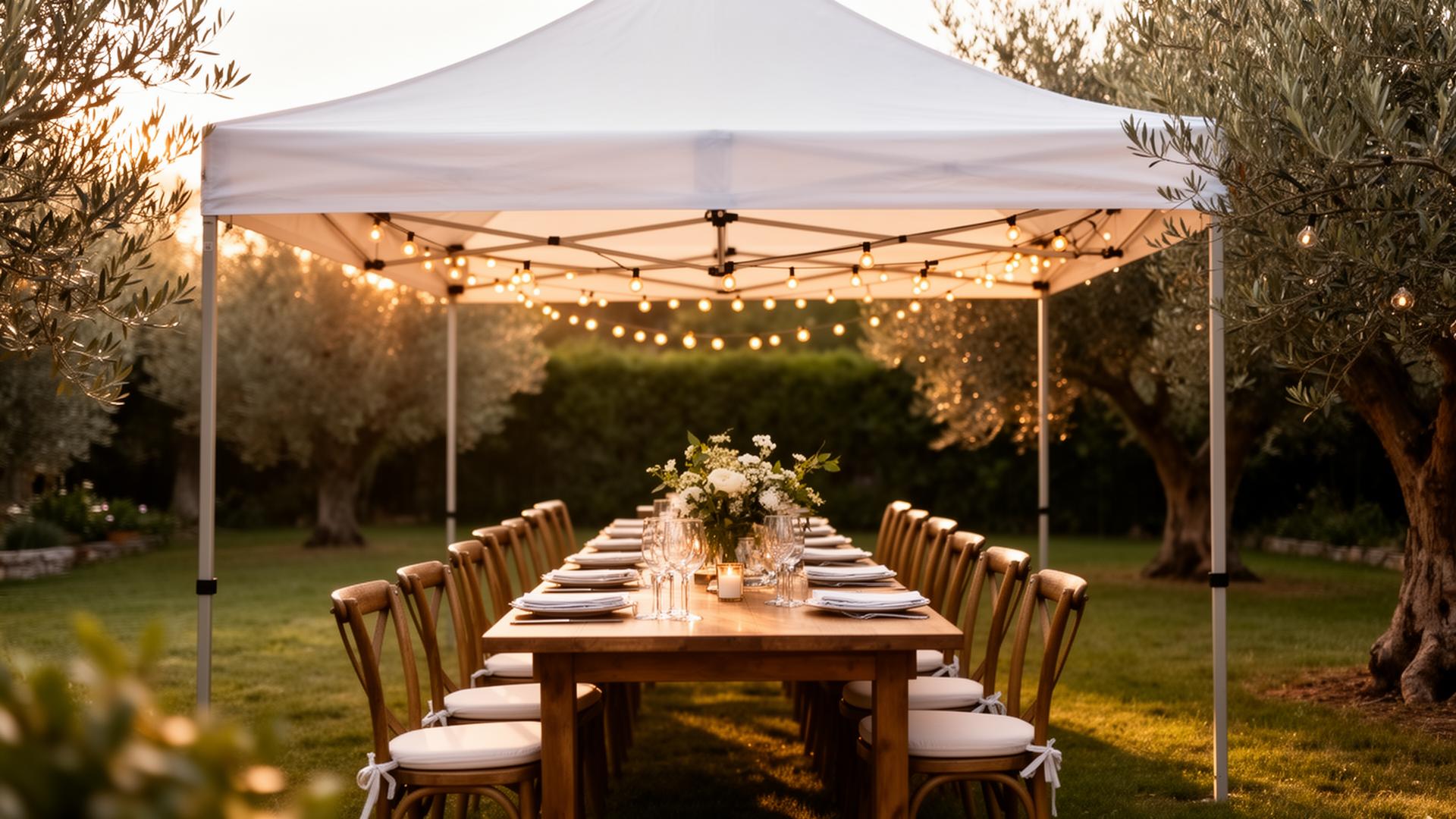 Carpa plegable blanca en un jardín con mesa preparada para una comunión